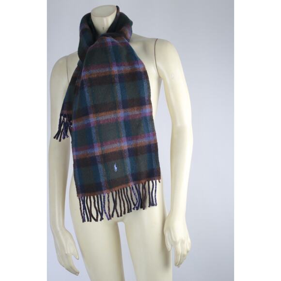 Vintage Polo Ralph Lauren Lambswool Plaid Fringe Shawl Wrap Scarf Luxury Classic - Picture 4 of 9